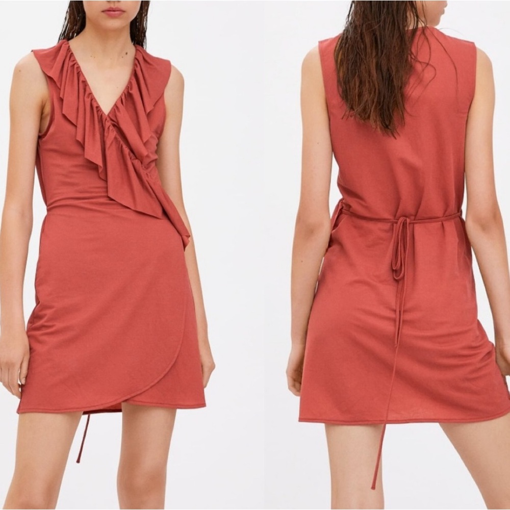 Zara NWT ruffled wrap tie back mini dress coral pink color